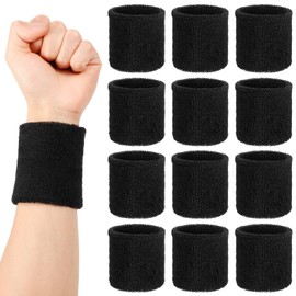Partideal Pack of 12 Sweatbands Wrists, Black Fitness Arm Sweatband 8 x 8 cm Elastic Sweatbands Sports Wristbands for Tennis Basketball Football Running