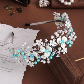 Urieo Pearl Flower Girl Headpiece Blue Wedding Headband Floral Princess Hair Band Birthday first communion Hair Accessories for Women and Girls