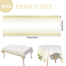 YZDZSW Waterproof Party Tablecloth, 4 PCS Gold Polka Dot White Base Tablecloth, Disposable Plastic Tablecloths for Picnic Weddings Birthday Parties(137 * 275CM)