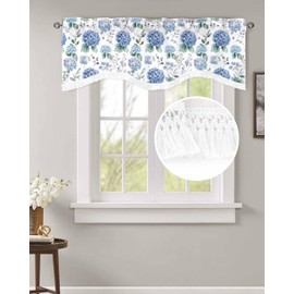 YOKOU Scalloped Valance Hydrangea Blue Flowers Kitchen Valances for Windows Light Filtering Spring Floral Blossom Eucalyptus Leaves Bedroom Short Curtains with Tassel Rod Pocket 1 Panel 54x18 Inch