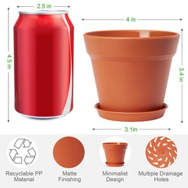 FHWTY 6 Pack Plastic Plant Pots with Drainage Holes and Tray, 4 inch Thickened Indoor Planters Seedlings Nursery Pots for Flowers, African Violet, Succulent and All House Plants, Terracotta