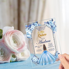 Avior Quinceanera Invitation Baby Blue Dress Acrylic Glass Invitation, Mis Quince, Sweet 15, Sweet 16, Floral Design, xv anos, 15 anos, Spanish Mexican Design