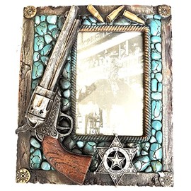 SUREG Western Pistol Design Photo Frame Poly Resin (Single Pistol Turquoise Stone US Marshal Design 4 X 6)