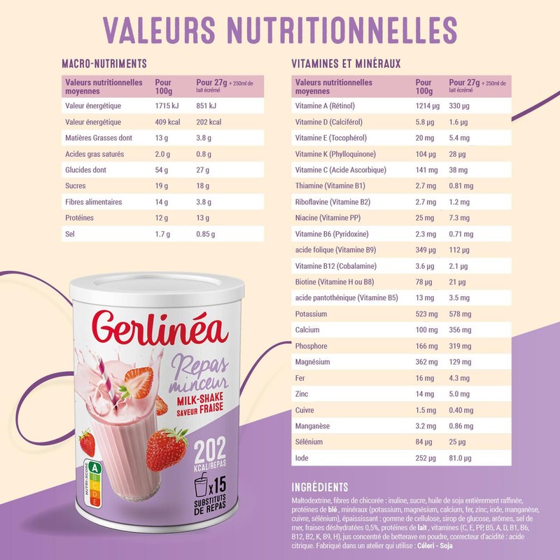 Gerlinéa Drink Milkshake Strawberry Flavour - Protein Rich Meal -