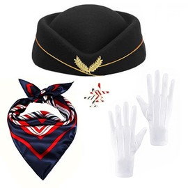 4 Pcs Women's Flight Attendant Costume Accessories Set - Hat, Scarf, Gloves, Pin Badge - Complete Stewardess Outfit