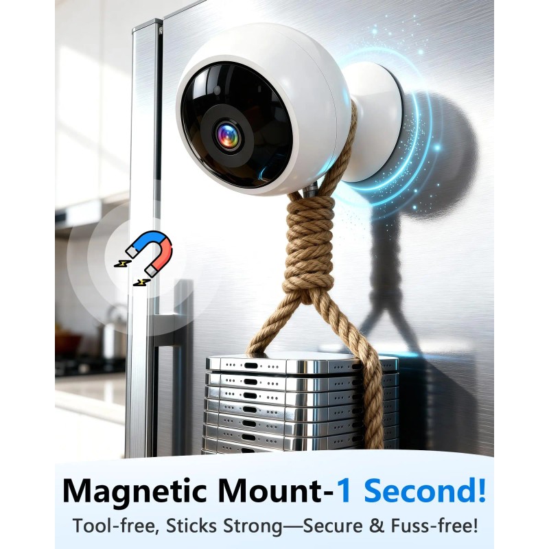Wireless Magnetic Security Cameras, Install-Free 2K WiFi with AI Motion