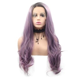 Purple Lace Front Wigs for Women Natural Wavy Long Synthetic Wig with Brown Roots Purple Color Wigs Pre Plucked Hairline Glueless Heat Resistant Fiber Hair Cosplay Wig 24 inch
