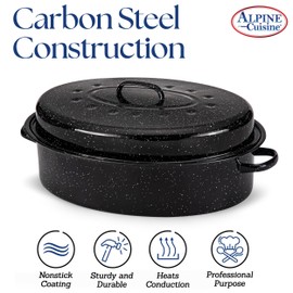 Alpine Cuisine Enamel Oval Roaster | Carbon Steel Oval Roasting Pan 18x14-Inch | Non-Stick Marble Coating with Lid | Oven & Dishwasher Safe | Even Heat Distribution | Ideal for Large & Small Servings