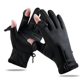 Fishing Gloves Warm Padded Thickening Touchscreen 2 Cut Fingers Waterproof Cycling Gloves Black L