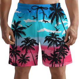 GEPOS Men's Swim Trunks with Beach Print Quick Dry Swimsuits Board Shorts with Pockets Summer Gifts