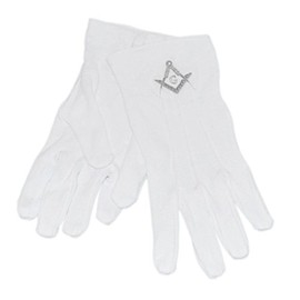 One Size White Cotton Gloves with Embroidered Silver with G Masonic Design XLFG012