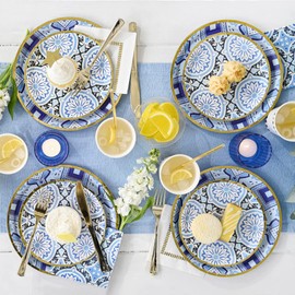 Coterie Blue and Gold Plates (Set of 10 Small) Moroccan, Navy, Nice for Wedding, Bridal Shower, Dinner Party | 7.25" Fancy Paper Plates