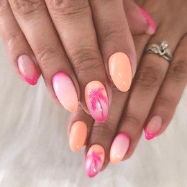 Short Round Press on Nails Rose Red French Tip Fake Nails Acrylic Gradient Nails Press ons Glossy False Nails with Coconut Tree Designs Glue on Nails Summer Artificial Srick on Nails for Women 24Pcs