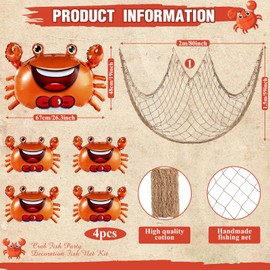 Silipull 5 Pcs Sea Animal Balloons Decorative Fish Net Set Crab Lobster Fish Foil Balloons Ocean Nautical Themed Party Decorations for Under the Sea Pirate Birthday Party Decorations(Crab)
