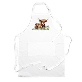 Purely Home Highland Cow Apron - Mum & Calf Baby Kitchen Cooking & Baking Apron with Adjustable Neck and Waist Ties - Large Front Pocket Mens Womens Unisex Gift