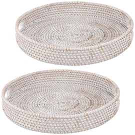 SENJEOK 2 PCS 11.8 x 2 Inch Rattan Serving Tray with Handles, Round Woven Rattan Decorative Ottoman Tray for Home, Kitchen, White
