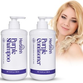 Set Shampoo y Acondicionador Morado Herbishh – Neutraliza Tonos Amarillos y Cobrizos | Para Cabello Rubio, Plateado y con Mechas | Hidratante y Nutritivo | Fórmula Vegana y Segura para el Color | 500 ml c/u