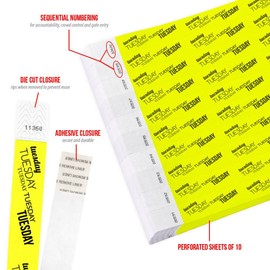 WristCo 3/4" Day of The Week Tyvek Wristbands | Tuesday | Lightweight | Durable | Waterproof | Great for Events and Screening | Neon Yellow | 500 Paper Wristbands