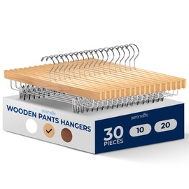 SereneLife 30 Pack Skirt and Pant Hanger with Adjustable Non-Slip Steel Clips, Premium Wooden, 360° Swivel Hook & 10 lb Capacity – Space-Saving Heavy-Duty Hangers for Jeans, Shorts & Slacks (Natural)