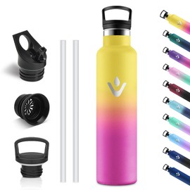 Vikastar Stainless Steel Drinking Bottle, Thermos Flask, 1 Litre, BPA-Free Drinking Bottle, Thermos Bottle with Straw, Drinking Bottle for School, Sports, Bike, Camping, Yellow & Pink