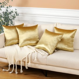 OTOSTAR Set of 4 Decorative Throw Pillow Covers Soft Velvet Solid Square Pillow Cases Luxury Cushion Covers Case for Sofa Car Patio Bedroom Living Room 16x16 Inch, Gold