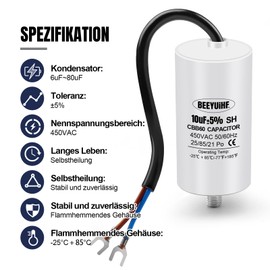 BEEYUIHF CBB60 Motor Capacitor 10µF 450V Capacitor 50/60Hz Starting Capacitor 10uF Motor Running Capacitor with Connection Cable for Electric Motor 35 x 67 mm