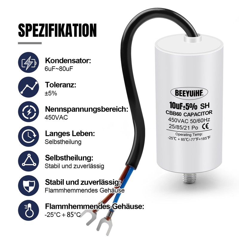 BEEYUIHF CBB60 Motor Capacitor 10µF 450V Capacitor 50/60Hz Starting Capacitor
