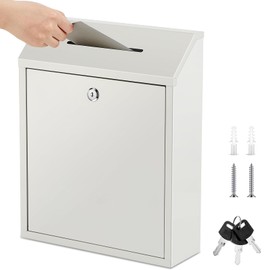 Yaocom Metal Money Donation Cash Box Collection Safe Suggestion Box with Lock Wall Mounted Mailbox Delivery Ballot Container for Home Office Outdoor Farmstand(White,15 x 12 x 4 Inch)