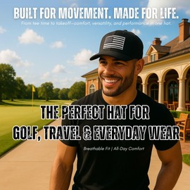 Funky Junque Performance Golf Rope Hat Mid-Crown Snapback Cap with Flexible Bill and Breathable Fabric - American Flag (Black)