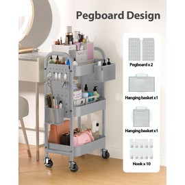 ALVOROG 3 Tier Rolling Cart with DIY Pegboards Metal Utility Cart with Wheels Handles Baskets Hooks, Craft Cart for Office Kitchen Bathroom(Light Gray)