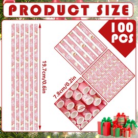 100Pcs Christmas Straws Pink Xmas Tree Santa Paper Straws Xmas Winter Holiday Disposable Drinking Straws for Beverages Cocktail Decorations