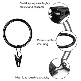 FIBOUND Pack of 30 Shiny Curtain Rings for Curtain Rod/Curtain Rod 35 mm (Black with Clip) Set of 30 Rings with Clips for Curtains, Sliding Curtains, Curtains, Metal Curtain Hooks Rings