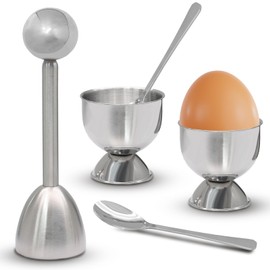 vibedor Egg Cups & Cracker Set of 5, 1 Stainless Steel Egg Topper Cutter - 2 Egg Holders for Soft Boiled Eggs - 2 Egg Spoons for Boiled Eggs