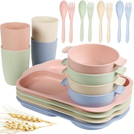 shopwithgreen Wheat Straw Dinnerware Cutlery Set, 20 PCS Kids Toddlers Divided Plates and Bowls Sets, Microwave Unbreakable Tableware Spoon Knife Cup, Dishwasher Safe for Kitchen Picnic School