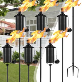 FAN-Torches Home Garden Torch Set of 6, 16oz Outdoor Metal Torch Garden Décor, 59-Inch Upgraded Citronella Torches with 3-Prong Grounded Stake, Metal Light Torches for Party Patio Pathway