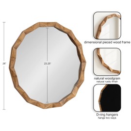 Kate and Laurel Endicott Modern Geometric Round Wall Mirror, 26 Inch Diameter, Natural Rustic, Transitional Faceted Wood Circle Mirror for Use as Bathroom Mirror for Over Sink or Cute Nursery Mirror