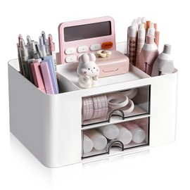 Desk Organizer with Drawers, 2 Drawer Storage Case, Office Drawer Organizer Vanity Organizer Plastic Desktop Organiser for Stationery Supplies for Pencils Markers Erasers Pens Sticky Notes(White)