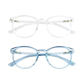 Blue Light Blocking Glasses, 2 Pack Computer Reading Glasses for Anti Eyestrain，Stylish Oval Frame, Anti Glare(Clear Blue + Clear Gray, 1.50 Magnification)