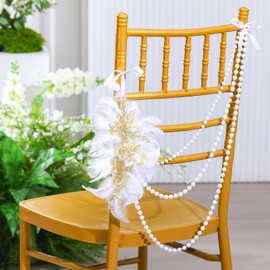 Yuntau 16pcs Wedding Chair Decor Pearl Beaded Garland String Feather with Glod Applique Seat Back Garland Decor Chair Sashes Decoration for Wedding Ceremony Party Bridal Shower Decorations