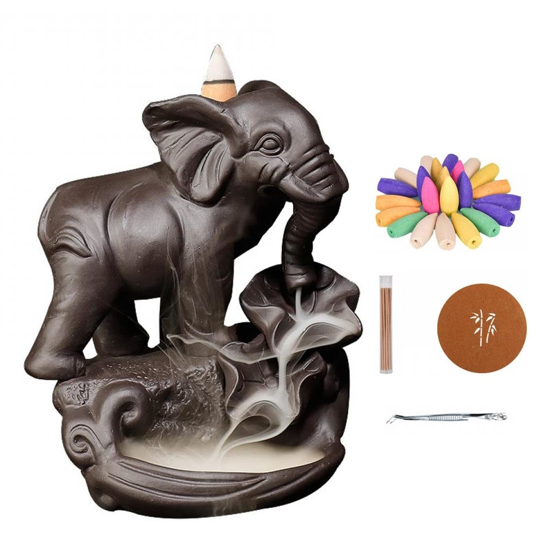 XUDREZ Cute Elephant Backflow Incense Holder Ceramic Waterfall Backflow Incense