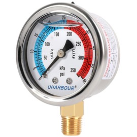 UHARBOUR Water Pressure Gauge, Glycerin Filled Pool Filter Pressure Gauge 0-50 PSI/350KPA,2" Dial and 1/4" NPT Bottom Mount, Including Seal Tape