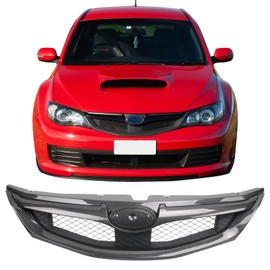 IKON MOTORSPORTS Front Upper Grille, Compatible with 2008-2010 Subaru Impreza WRX Hatchback 4DR Only, OE Style Carbon Fiber Print ABS Plastic Replacement Front Bumper Hood Grill 1PC