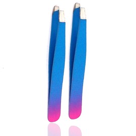 Precise Canada Slant Tweezers, Stainless Steel Precision Tweezers for Ingrown Hair, Eyebrow and Hair Remover 2 Pieces (Sky Blue & Pink)