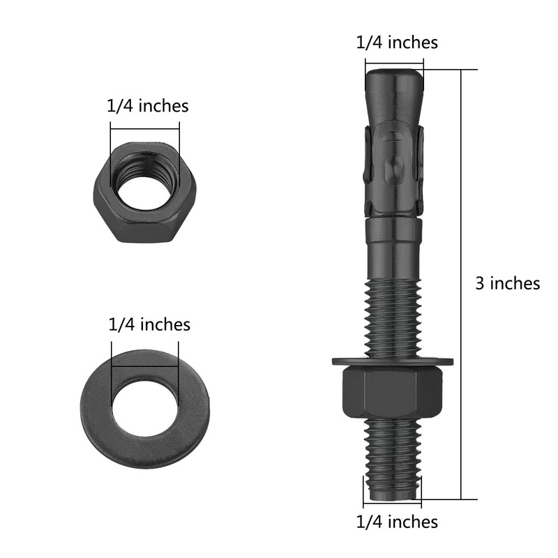 Wensilon 10Pcs 1/4x3 Inch Standard Fasteners for Heavy-Duty Black Wedge