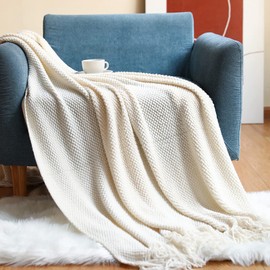 LumiSyne Knitted Throw Blanket With Tassel Solid Color Grain Texture Cozy Fluffy Warm Soft Throws Decorative Blankets For Settee Armchair Couch Bed Office 170x130cm