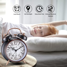 FLOITTUY Loud Alarm for Deep Sleepers 4'' Retro Twin Bell Alarm Clock with Backlight for Bedroom and Home Decoration(Retro Black)