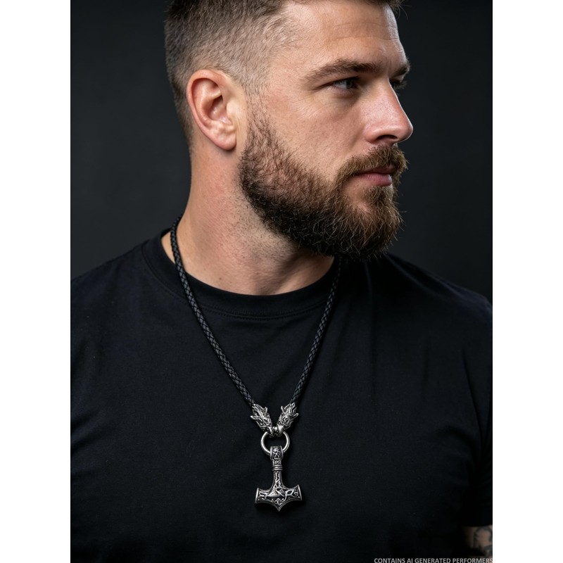 Viking Wolf Necklace with Thor's Hammer Pendant, Norse Mythology Theme,