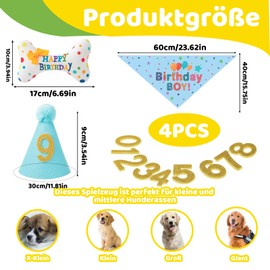 YEWCEP Dog Birthday 4 Piece Set for Perfect Photos, Includes Birthday Hat, Gold Numbers, Bandana and Bone Shaped Flower Wreath, Made of Durable Polyester