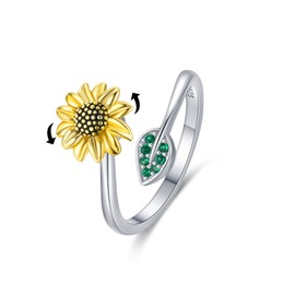 Sunflower Ring 925 Sterling Silver Fidget Rings Sunflower Spinner Ring Open Adjustable Ring Gift Jewellery for Women, Sterling Silver