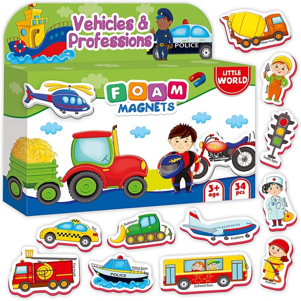 Little World Foam Fridge Magnets for Toddlers Age 1 - Refrigerator Magnets for Kids – Large Baby Magnets – 34 Magnetic Vehicles and Trucks for Toddler Learning – Safe Kids Magnets for 2 3 Year Old